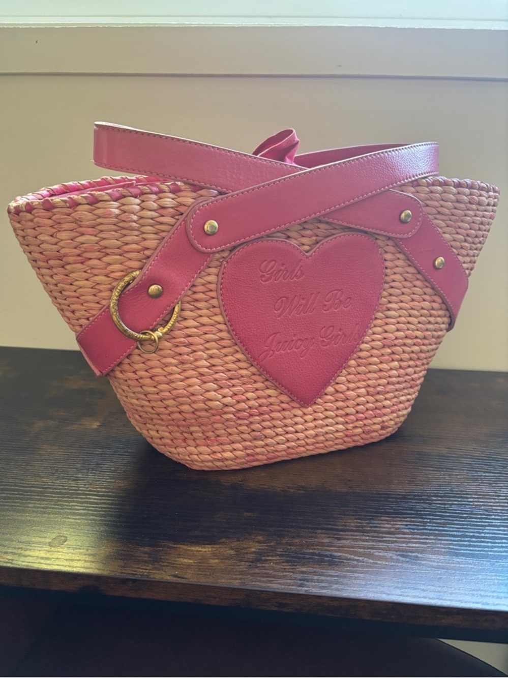 Y2K ~ Vintage Juicy Couture Pink Straw Tote with Heart Patch and Leather Trim